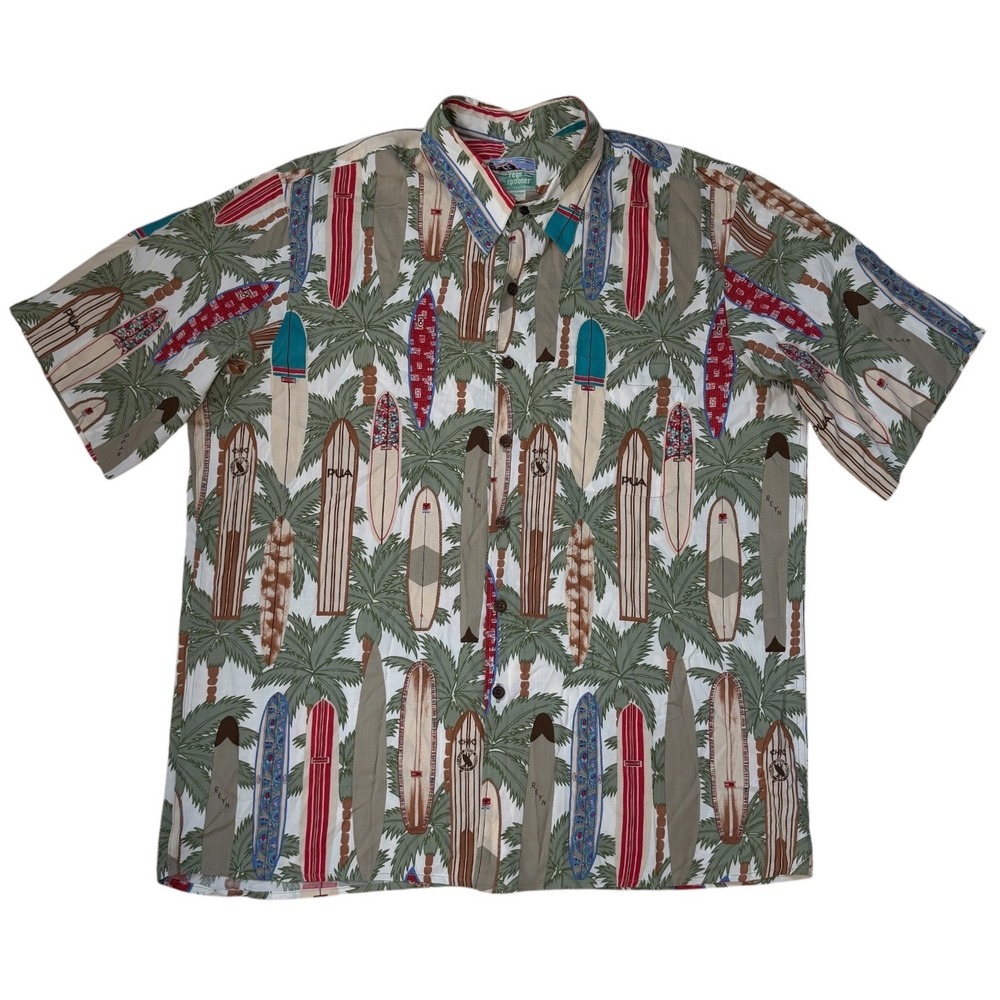Reyn Spooner Hawaiian Shirt XL Spun Rayon Surfboard Palm Tree Print Tailored HI